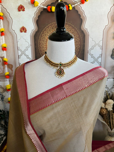 Handwoven Mangalgiri Cotton Saree | Light Brown | Gold & Silver Zari | Handwoven | Ships from California